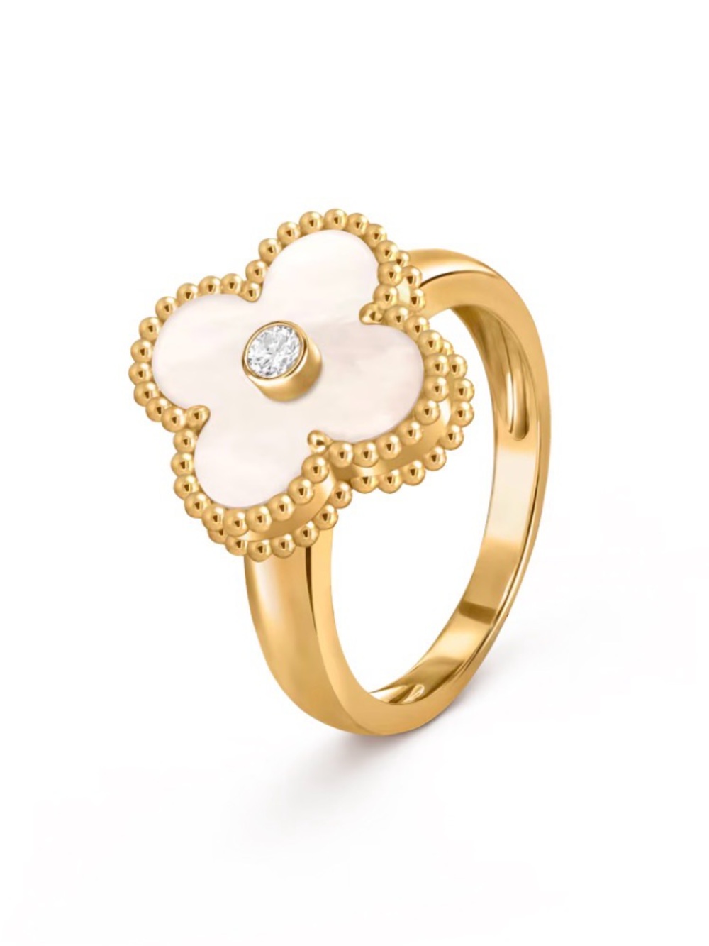 Gold Clover Mother-of-Pearl Ring with Center Stone